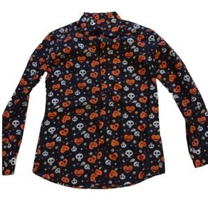NWOT Simon Banks Halloween buttondown longsleeve shirt heart pumpkins skulls S